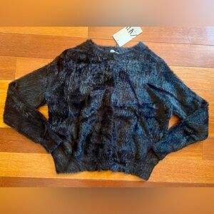 Zara NWT Soft Fuzzy Eyelash Cropped Deep Black Hidden Snap Closure Cardigan Sz M